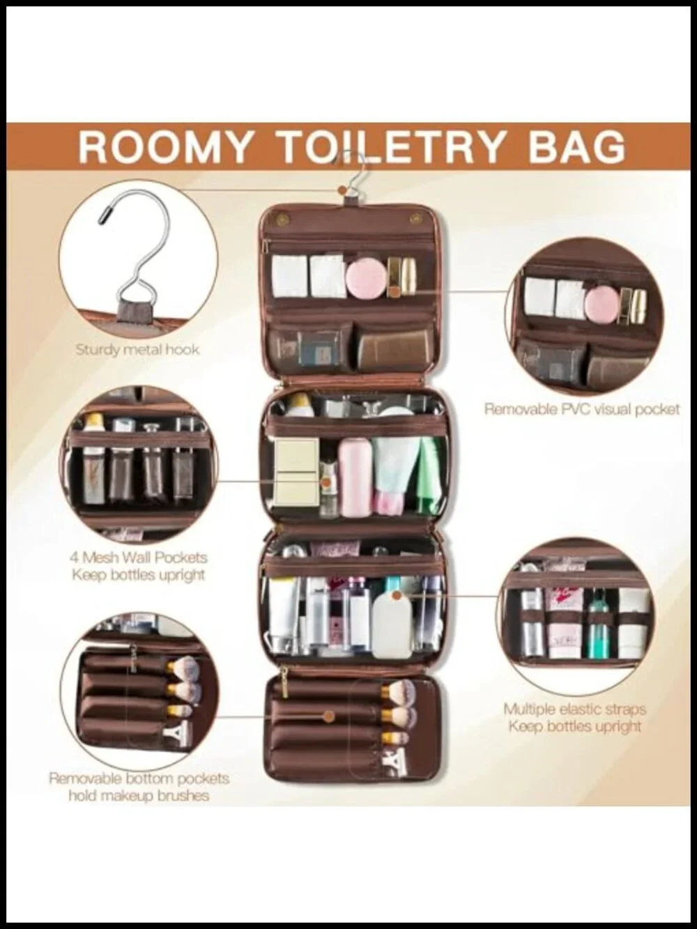 Elviros Hanging Toiletry Bag with Removable Compartments, PU Leather, Dark Brown